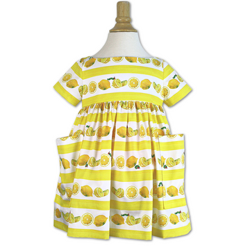 ellow and white striped dress with a lemon print, short sleeves, and two side pockets on form