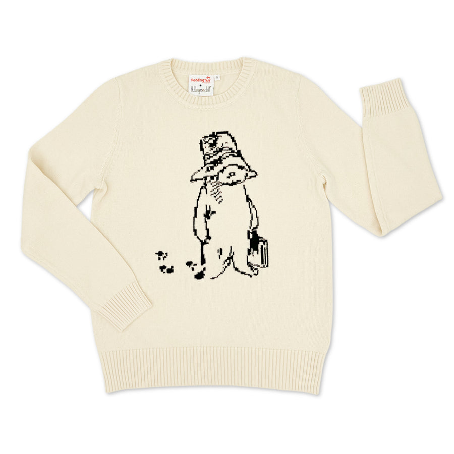 Adult ivory knit sweater with a Paddington bear design