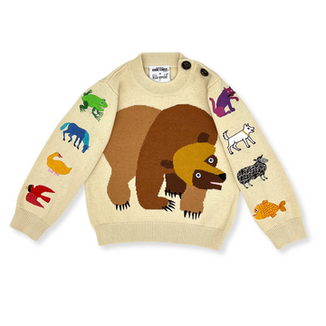 knit pullover with Brown Bear design, embroidered story animals on sleeves, shoulder buttons,