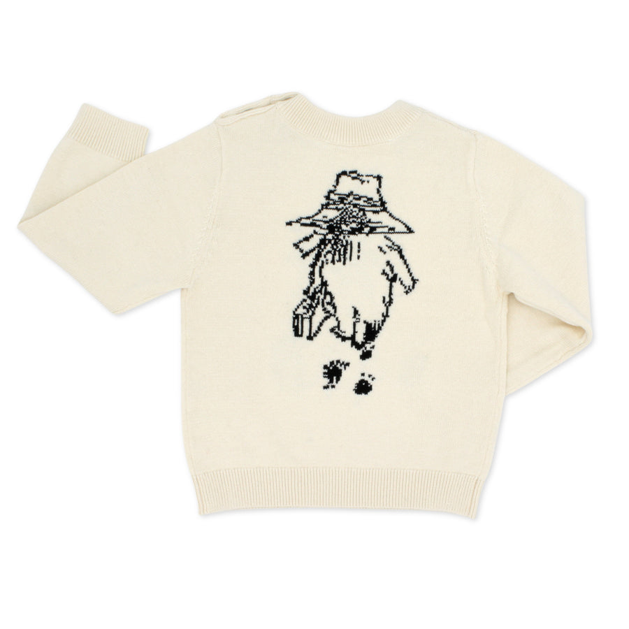 Back view of ivory knit sweater with Paddington Bear design