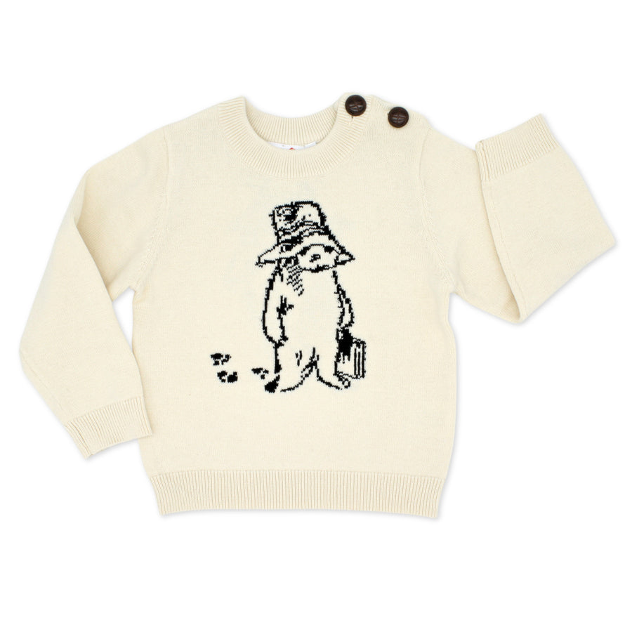 ivory knit sweater with black Paddington Bear design