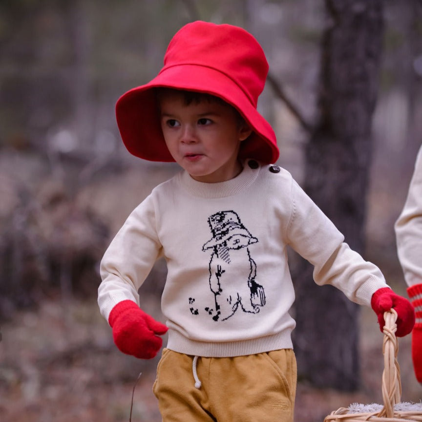 Child in Paddington sweater, red hat, and gloves