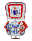 Paddington Bear-themed children's tea set in a suitcase.