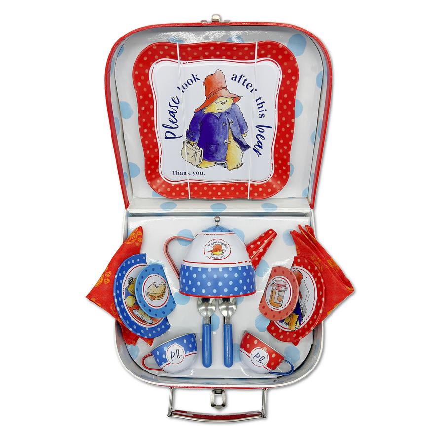 Paddington Bear-themed children's tea set in a suitcase.