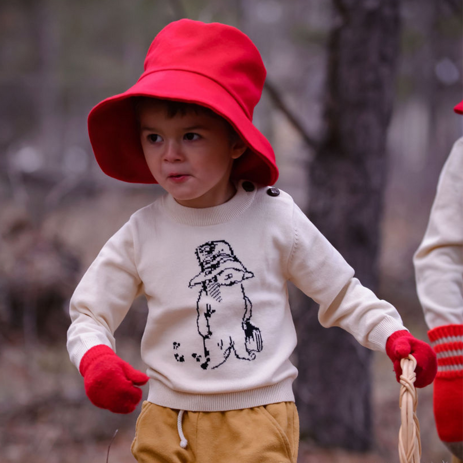 Child in red hat and gloves wearing a sweater with a bear design