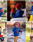 Children in blue duffle coats and red hats with Paddington soft toys.