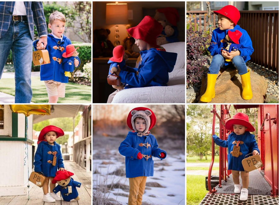 Children in blue duffle coats and red hats with Paddington soft toys.