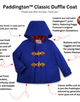 Blue Paddington duffle coat with wooden toggles and red satin lining