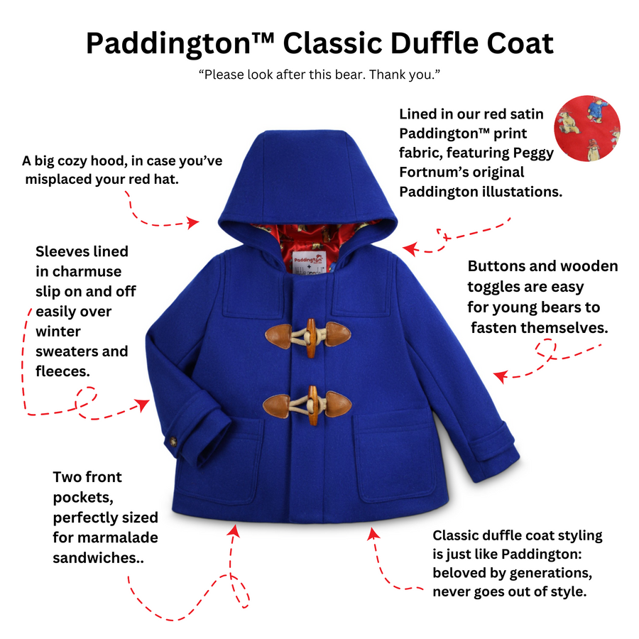 Blue Paddington duffle coat with wooden toggles and red satin lining