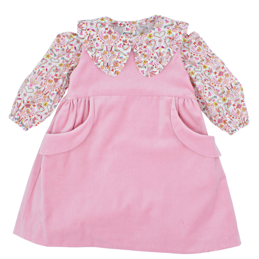 Girls Pink Velveteen Dress with Love Birds Liberty London Blouse