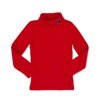 Red long-sleeve turtleneck with a small embroidered Paddington Bear detail near the collar