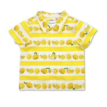 A short-sleeved button-up shirt with a vibrant lemon-themed print on yellow and white stripes. The collar and sleeves feature the same cheerful citrus design, creating a fresh, summery look