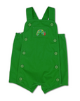 vibrant green baby romper featuring adjustable shoulder straps and side button closures. The front showcases an embroidered caterpillar design, inspired by The Very Hungry Caterpillar