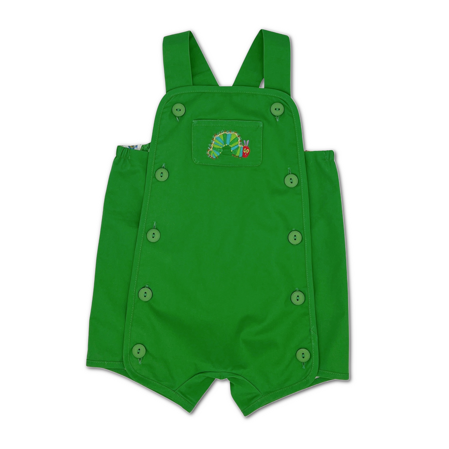 vibrant green baby romper featuring adjustable shoulder straps and side button closures. The front showcases an embroidered caterpillar design, inspired by The Very Hungry Caterpillar