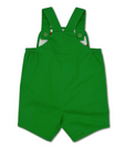 Back view of a green baby romper with adjustable straps and elastic sides