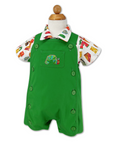 Green baby romper with a "Very Hungry Caterpillar" embroidery on the front pocket, paired with a colorful food-themed short-sleeve shirt, displayed on a mannequin