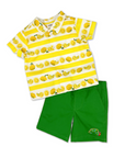 Very Hungry Caterpillar Shorts paired with lemonade Shirt, featuring vibrant prints and embroidery.