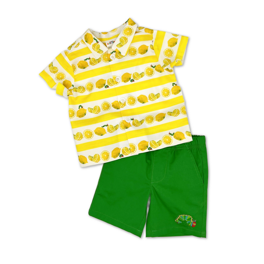 Very Hungry Caterpillar Shorts paired with lemonade Shirt, featuring vibrant prints and embroidery.