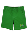 Front view of green children's shorts with an elastic waistband, button closure, and side pockets, featuring an embroidered design of The Very Hungry Caterpillar on the lower leg,