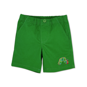 Front view of green children's shorts with an elastic waistband, button closure, and side pockets, featuring an embroidered design of The Very Hungry Caterpillar on the lower leg,