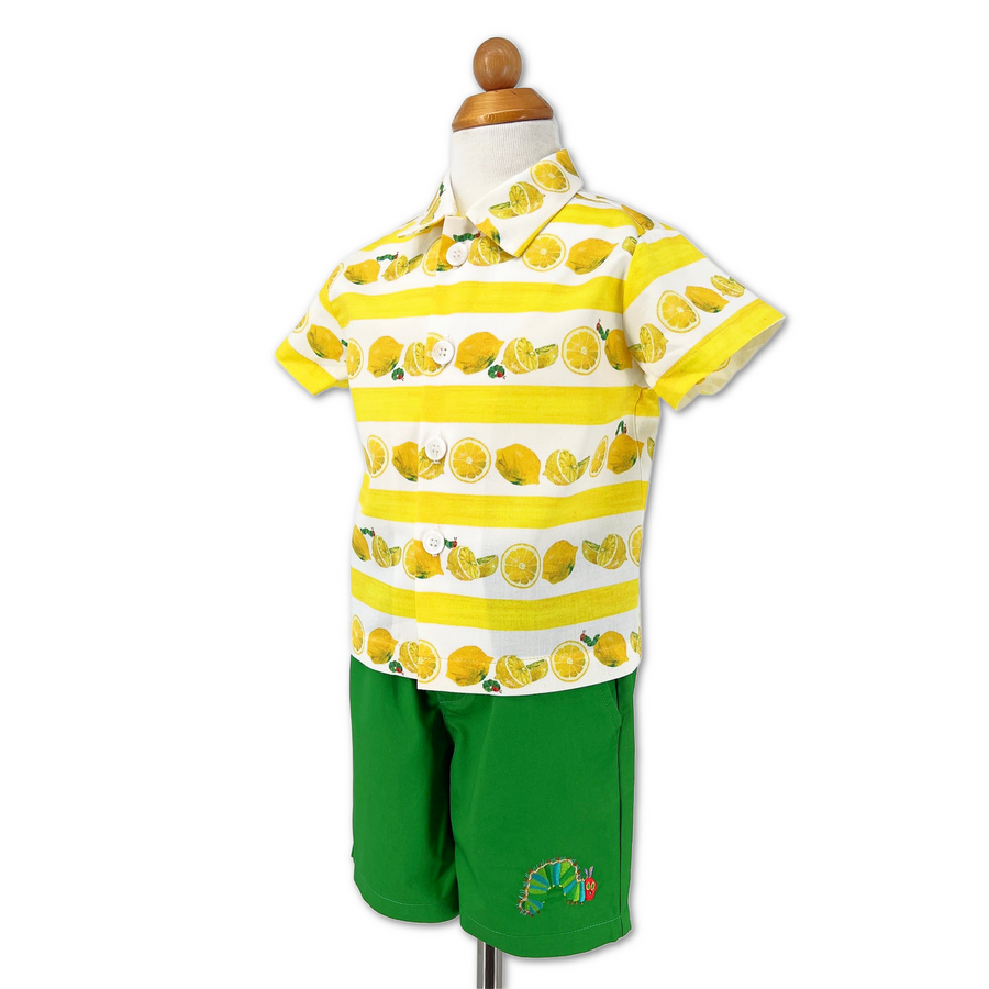 On Form- Very Hungry Caterpillar Shorts paired with lemonade Shirt, featuring refreshing prints and embroidery.