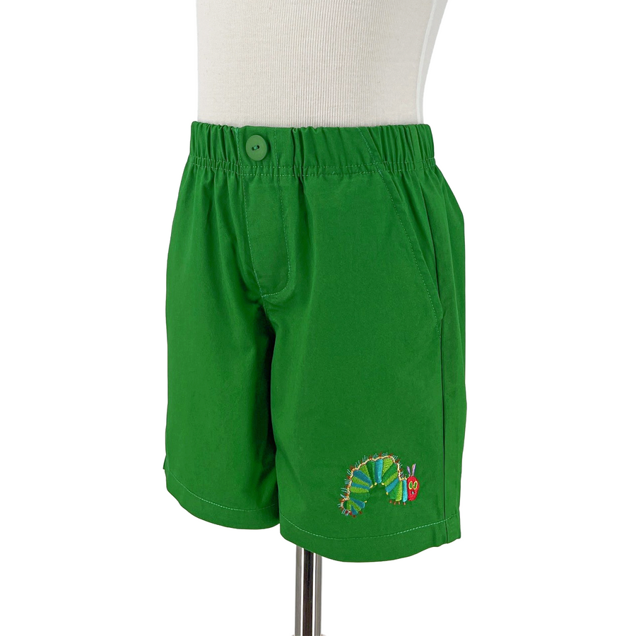 children's green shorts  featuring an elastic waistband with a button closure and an embroidered design of a colorful caterpillar on the lower left leg