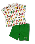 Very Hungry Caterpillar Shorts paired with Party Food Shirt, featuring colorful prints and embroidery