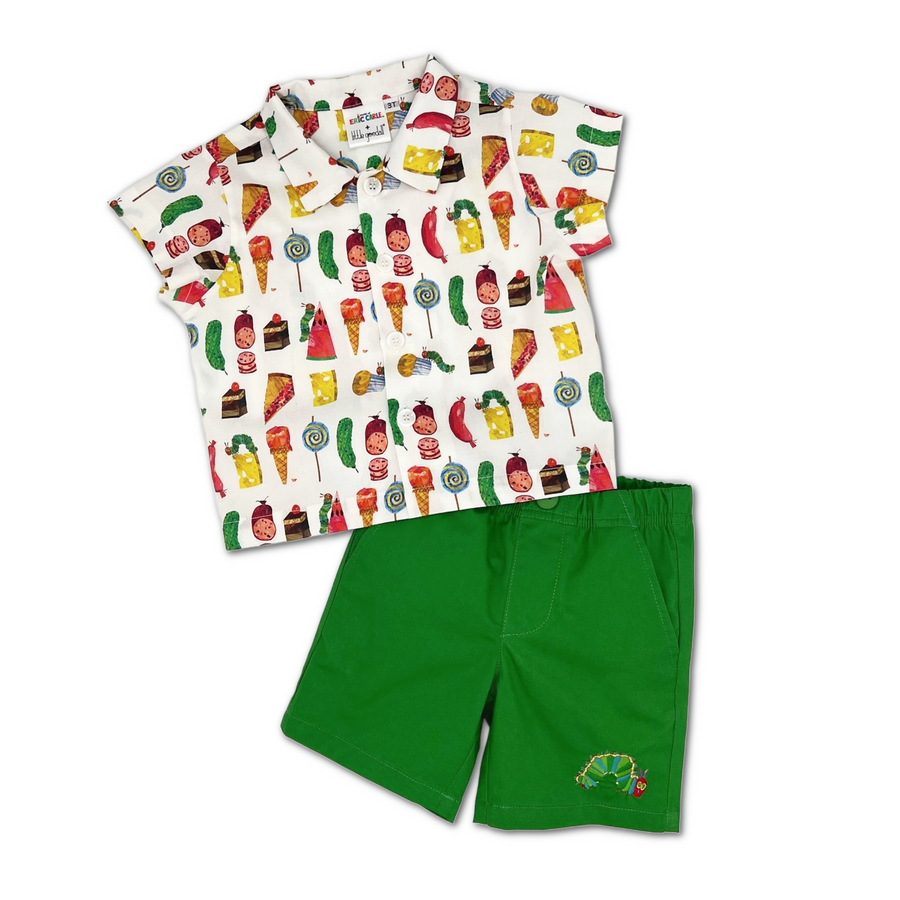 Very Hungry Caterpillar Shorts paired with Party Food Shirt, featuring colorful prints and embroidery