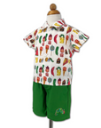 On form Very Hungry Caterpillar Shorts paired with Party Food Shirt, featuring colorful prints and embroidery, 