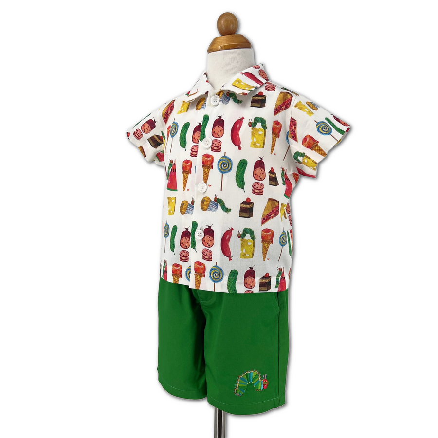 On form Very Hungry Caterpillar Shorts paired with Party Food Shirt, featuring colorful prints and embroidery, 