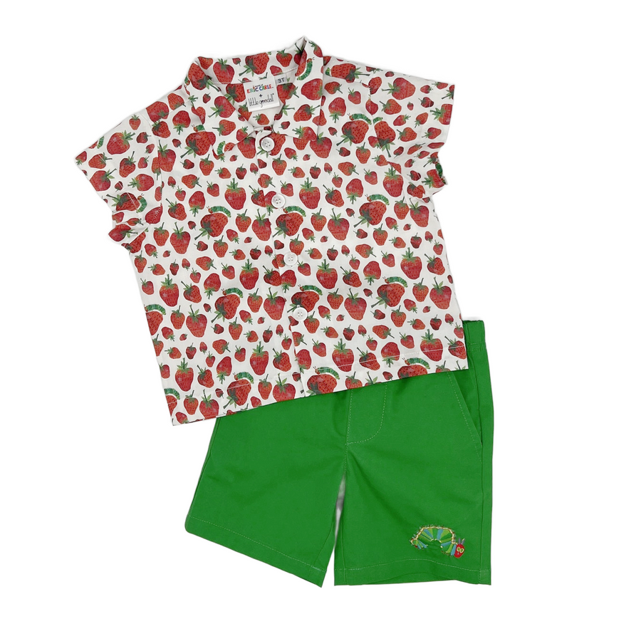 Very Hungry Caterpillar Shorts paired with Strawberry Shirt, featuring vibrant prints and embroidery.