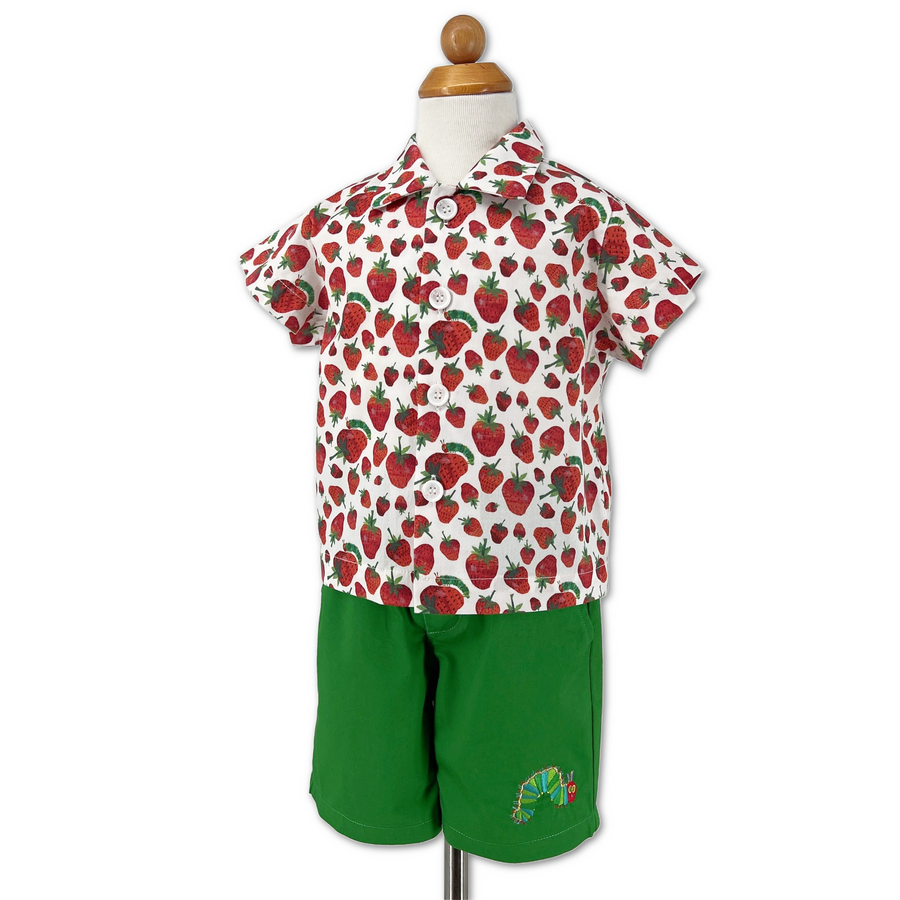 On Form- Very Hungry Caterpillar Shorts paired with Strawberry Shirt, featuring vibrant prints and embroidery. 