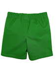 children's green shorts displayed flat, showing the back side with an elastic waistband and a simple design without any embellishments or pockets