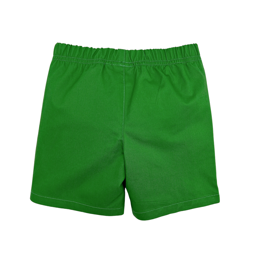 children's green shorts displayed flat, showing the back side with an elastic waistband and a simple design without any embellishments or pockets