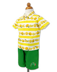 children's outfit, featuring a short-sleeved button-up shirt with yellow and white stripes decorated with lemon prints, paired with green shorts embroidered with a caterpillar design