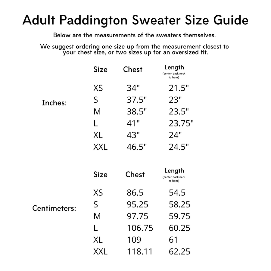  Adult Paddington Bear Sweater size chart displaying chest and length measurements in inches and centimeters for XS to XXL