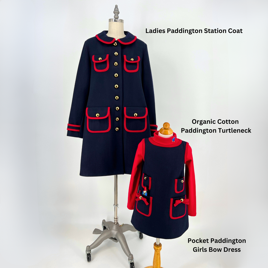 Coordinated dark blue wool winter coat for women and girls’ pocket dress set with a Paddington Bear-inspired design.