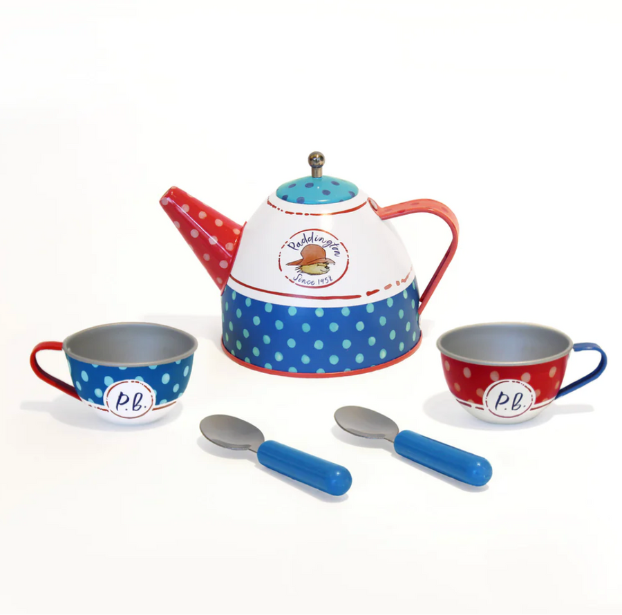 Little Goodall Paddington Tin Tea Set with a teapot, two cups, and spoons, featuring classic Paddington Bear artwork and a polka-dot design.