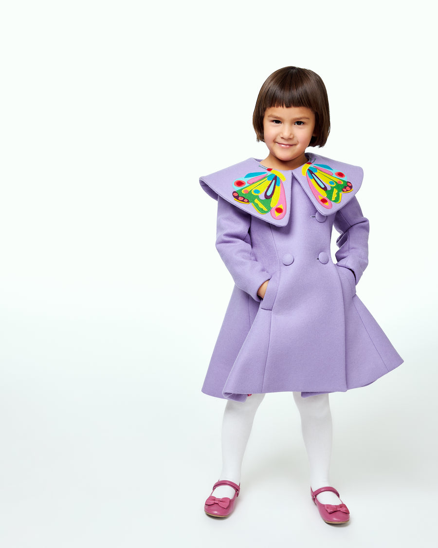 Girls' purple coat inspired by The Very Hungry Caterpillar, featuring a butterfly collar, double-breasted buttons, and a flared silhouette.