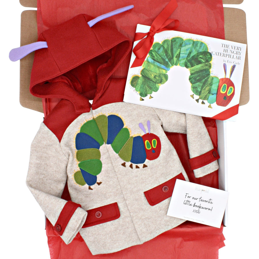 The Very Hungry Caterpillar hardcover book paired with a matching hooded coat in a gift box with red tissue paper and a handwritten note