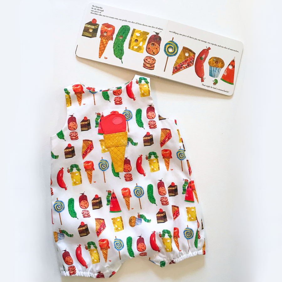 Very Hungry Caterpillar toddler kids romper and board book set, featuring a 100% cotton romper with party food prints and an appliquéd ice cream cone