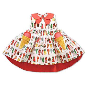 Kids' sleeveless dress with a candy print, red collar, and ice cream cone pockets