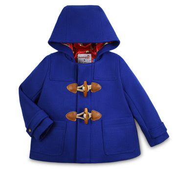 Blue duffle coat with hood, toggle closures, and Paddington Bear lining