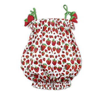 A strawberry-patterned baby romper with ruffled elastic edges and green ribbon straps adorned with plush strawberries