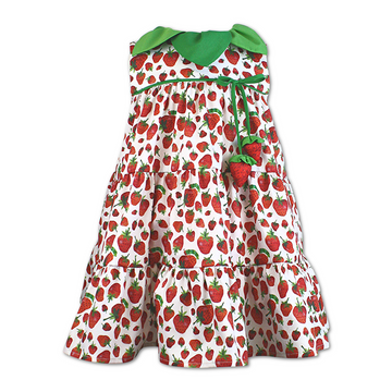 A tiered strawberry-print dress with a green leaf collar and decorative strawberry ties.