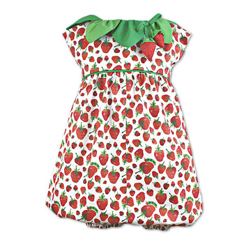 Baby romper with an all-over strawberry print, green leaf collar, and a cute strawberry bow detail